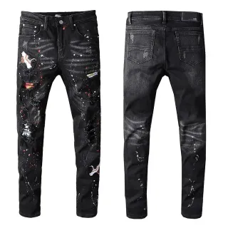 Distressed Black Paint-Splatter Bird Motif Slim-Fit Jeans