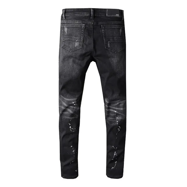 Distressed Black Paint-Splatter Bird Motif Slim-Fit Jeans 4