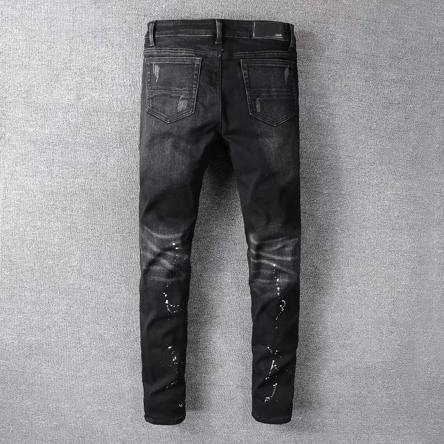 Distressed Black Paint-Splatter Bird Motif Slim-Fit Jeans 5