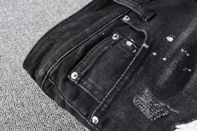 Distressed Black Paint-Splatter Bird Motif Slim-Fit Jeans 7