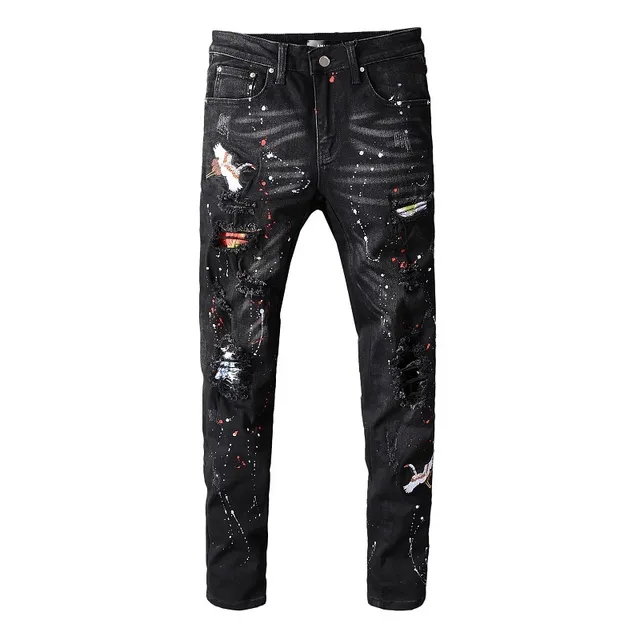 Distressed Black Paint-Splatter Bird Motif Slim-Fit Jeans 13