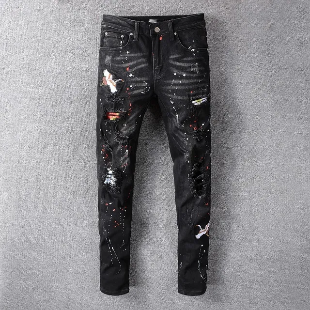 Distressed Black Paint-Splatter Bird Motif Slim-Fit Jeans 14