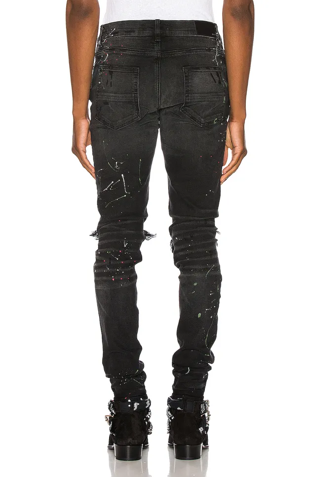 Distressed Black Paint-Splatter Bird Motif Slim-Fit Jeans 16