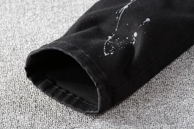 Distressed Black Paint-Splatter Bird Motif Slim-Fit Jeans 20