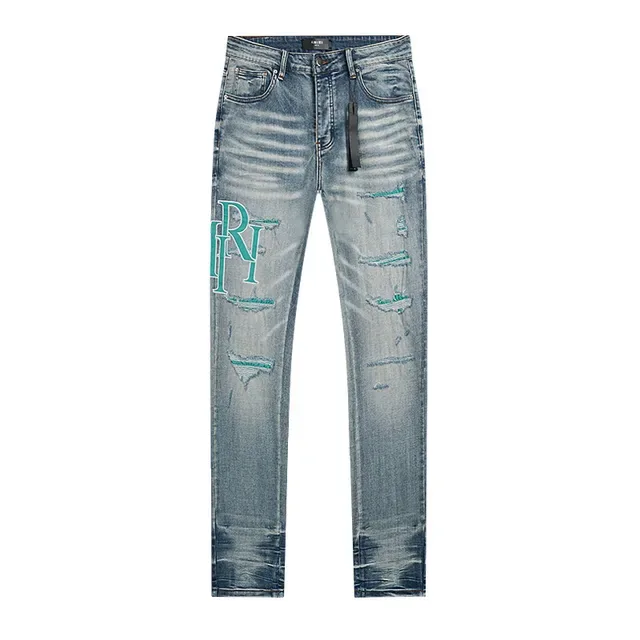 Distressed Light-Wash Blue Graphic-Print Slim-Fit Jeans 2
