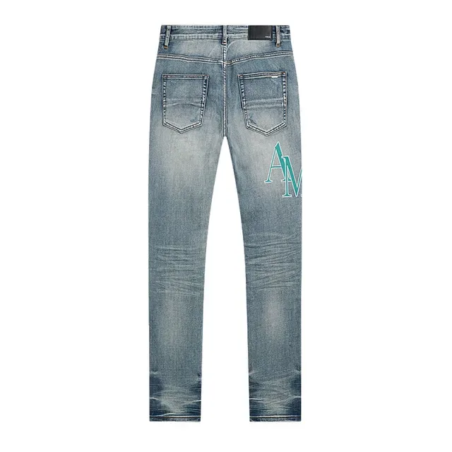 Distressed Light-Wash Blue Graphic-Print Slim-Fit Jeans 3