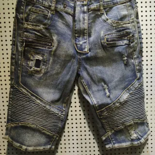 Distressed Moto-Panelled Zip-Pocket Denim Shorts