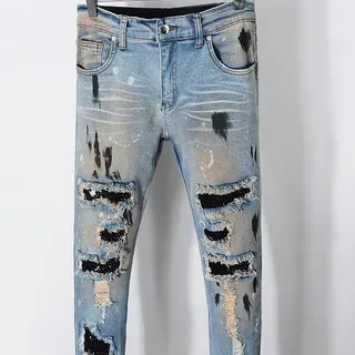 Distressed Paint-Splattered Ripped Cuffed Light Blue Jeans