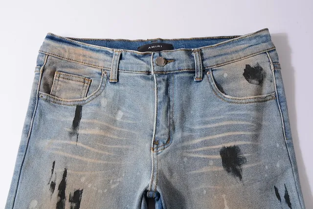 Distressed Paint-Splattered Ripped Cuffed Light Blue Jeans 8