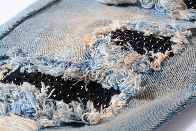 Distressed Paint-Splattered Ripped Cuffed Light Blue Jeans 12