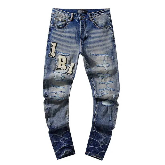 Distressed Patch-Letter Embellished Tapered Fit Blue Jeans 2