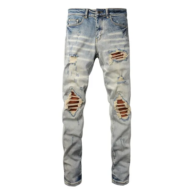 Distressed Slim-Fit Light-Wash Blue Jeans 2