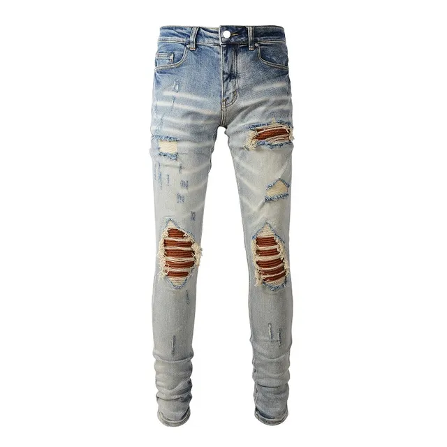 Distressed Slim-Fit Light-Wash Blue Jeans 17