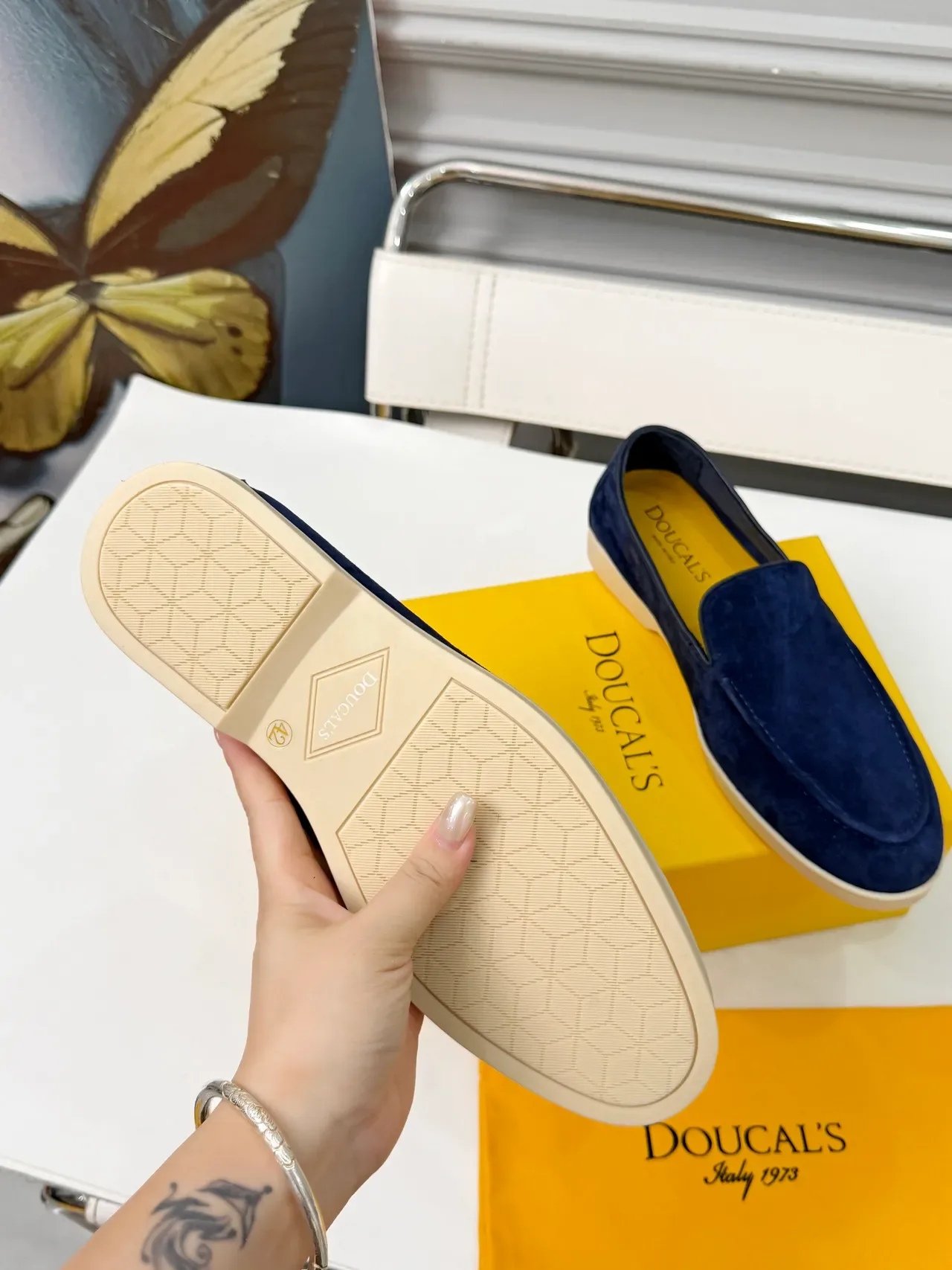 DOUCAI'S Navy Yellow Suede Upper Contrast Lining Loafer 2