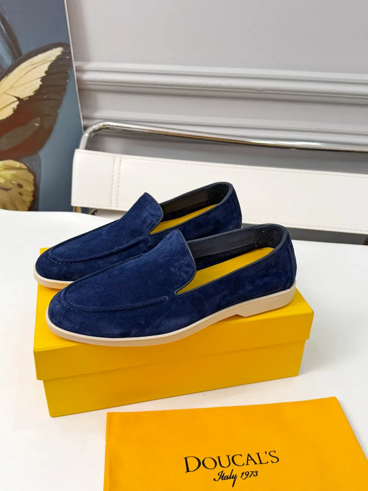 DOUCAI'S Navy Yellow Suede Upper Contrast Lining Loafer 4
