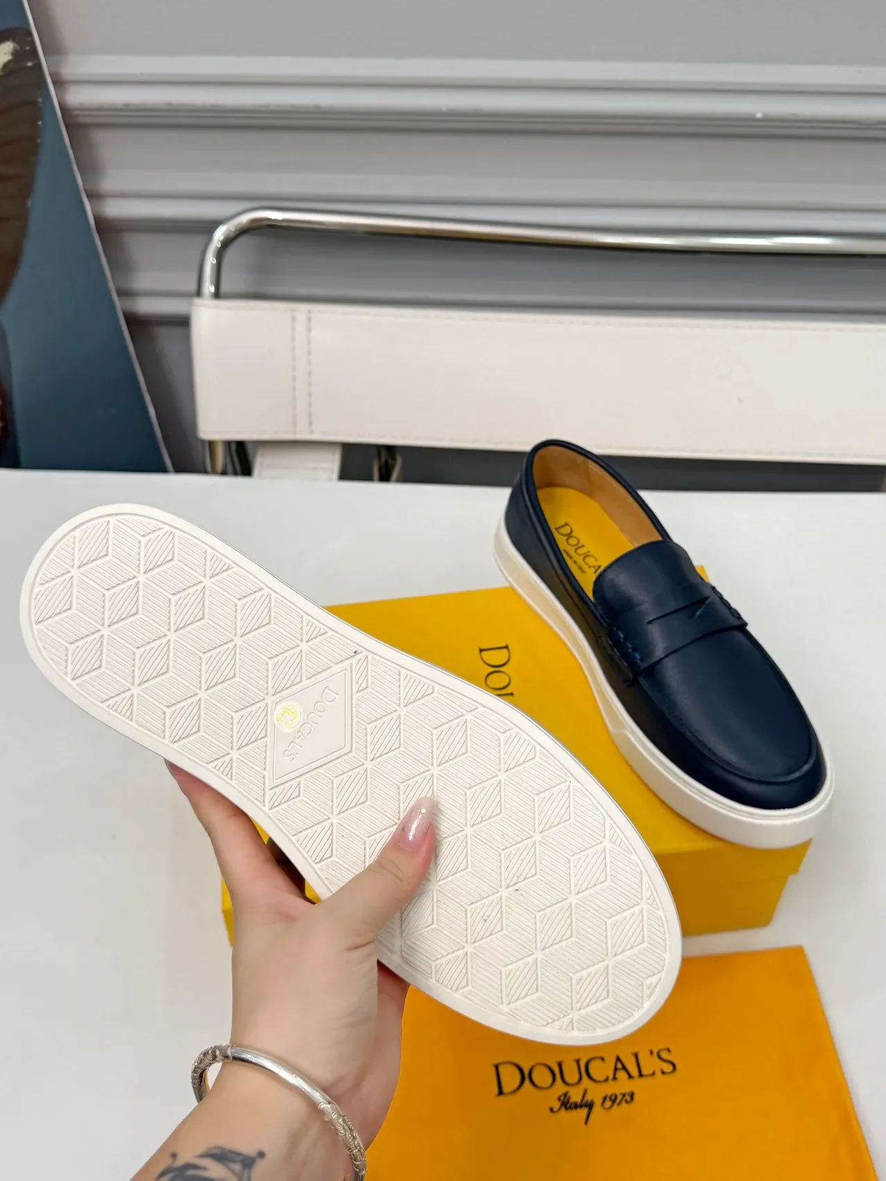 DOUCAL'S Navy White Leather Penny Strap Loafer 2