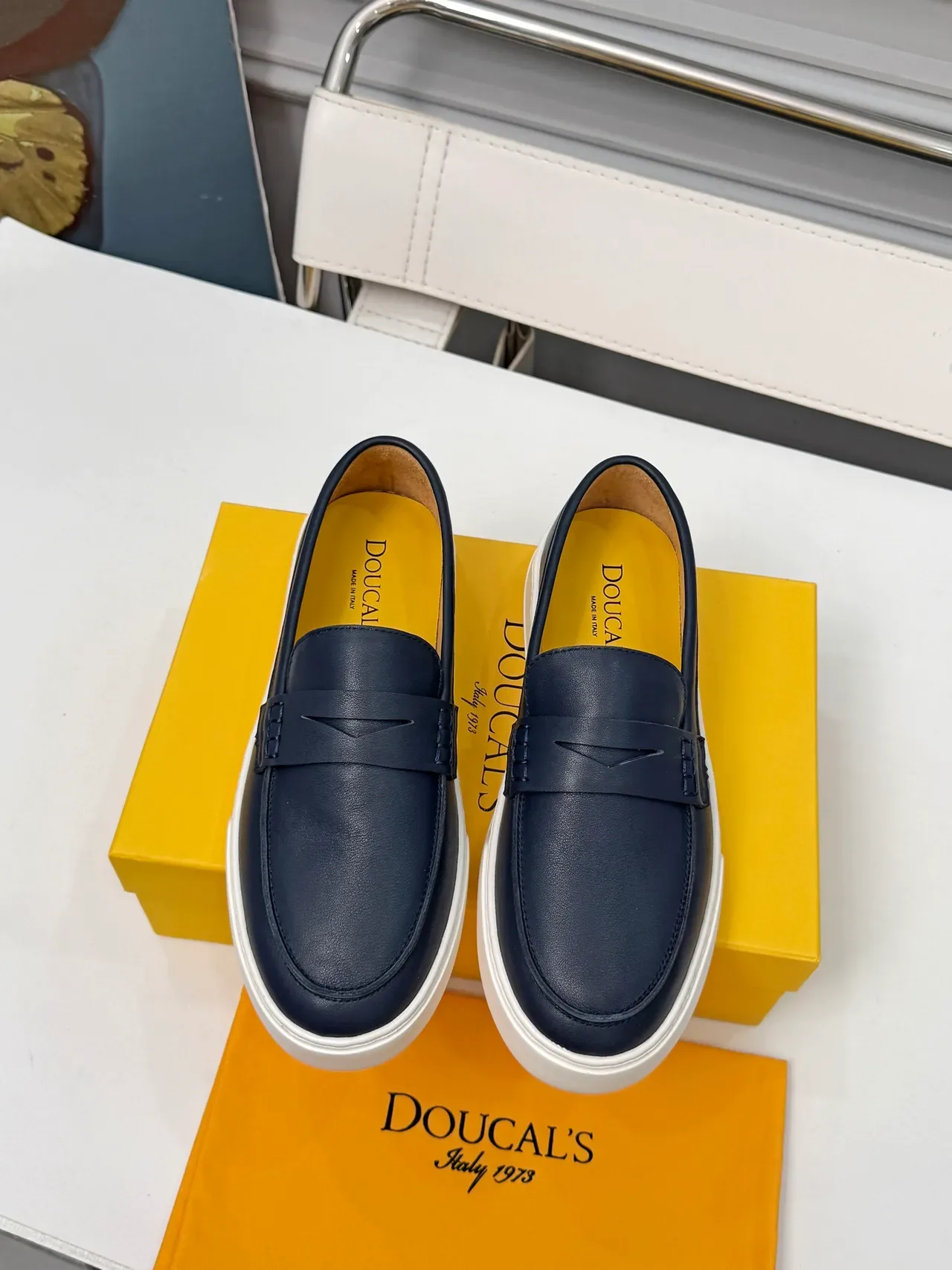 DOUCAL'S Navy White Leather Penny Strap Loafer 5