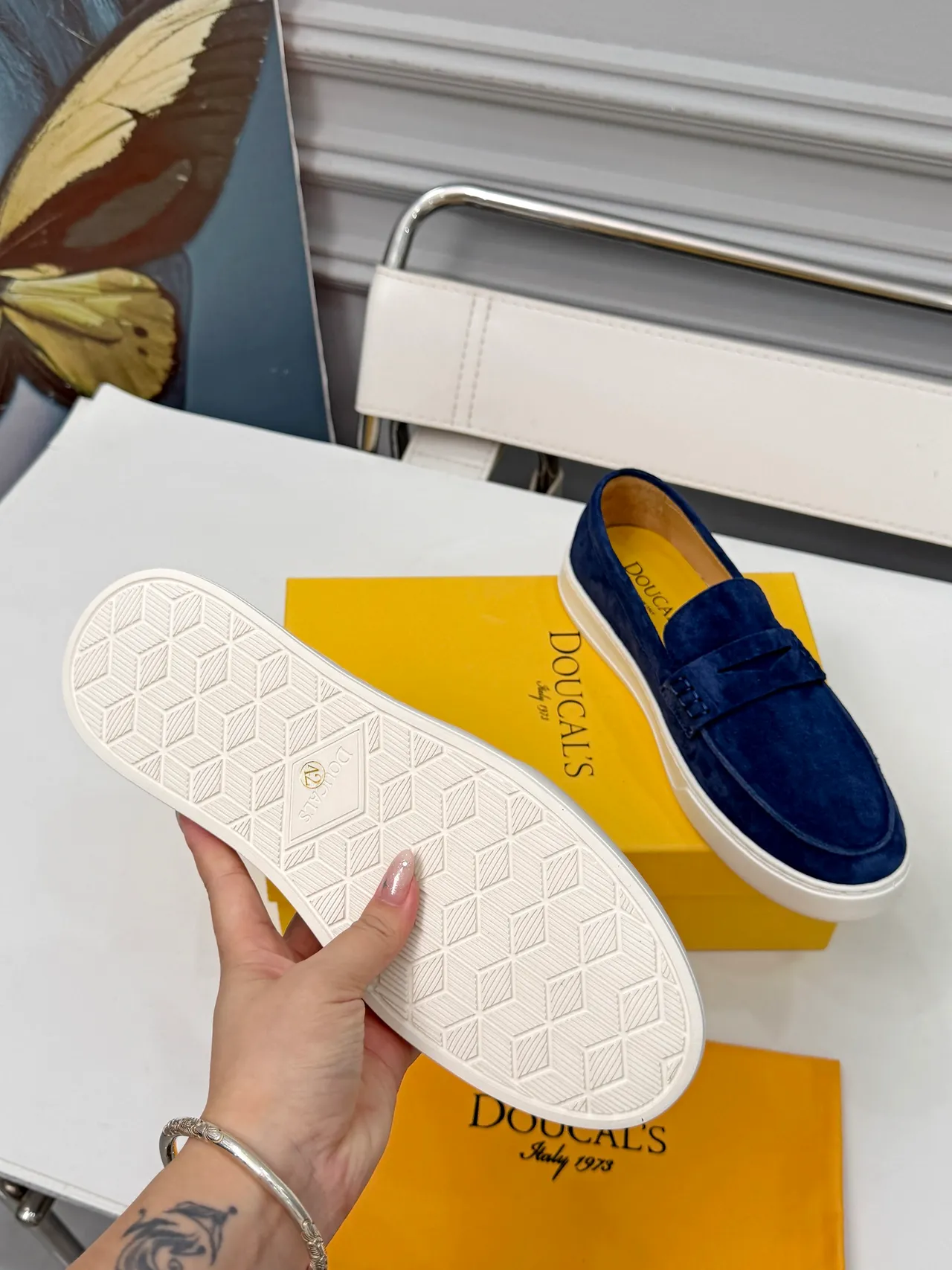 DOUCAL'S Navy White Suede Penny Strap Loafer 2