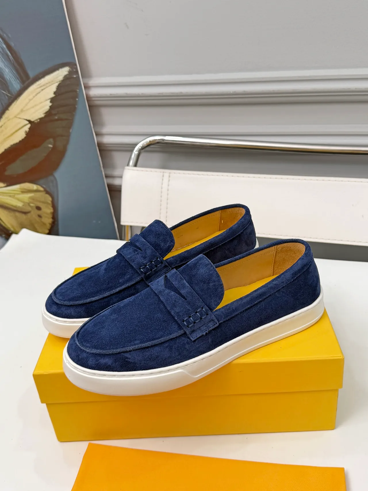 DOUCAL'S Navy White Suede Penny Strap Loafer 4