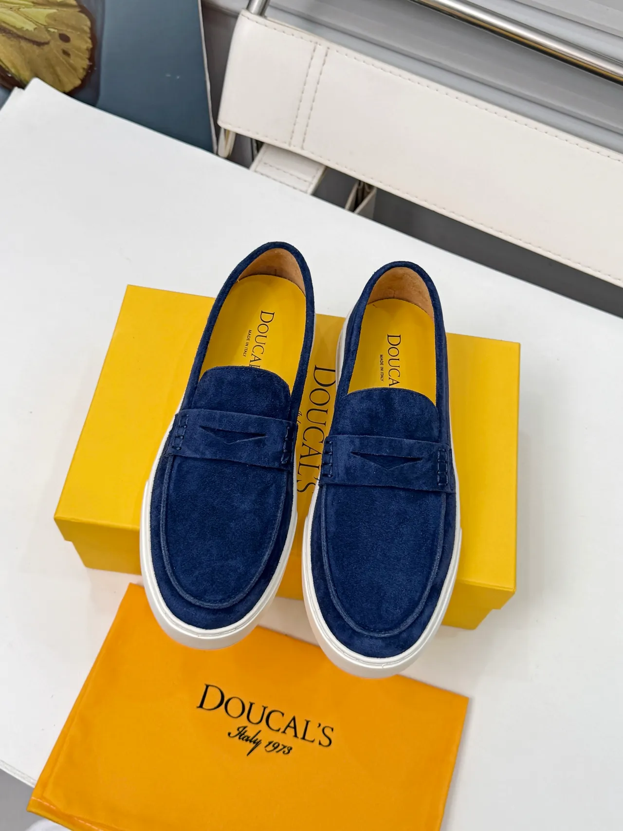 DOUCAL'S Navy White Suede Penny Strap Loafer 5