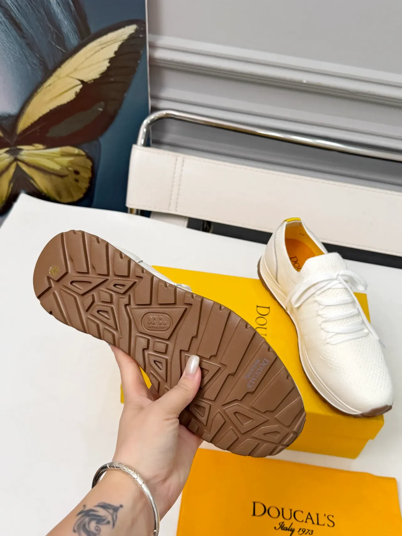 DOUCAL'S White Brown Knit Upper Lace-Up Closure Sneakers 2