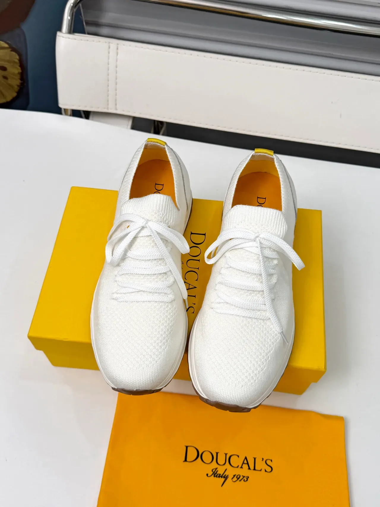 DOUCAL'S White Brown Knit Upper Lace-Up Closure Sneakers 3