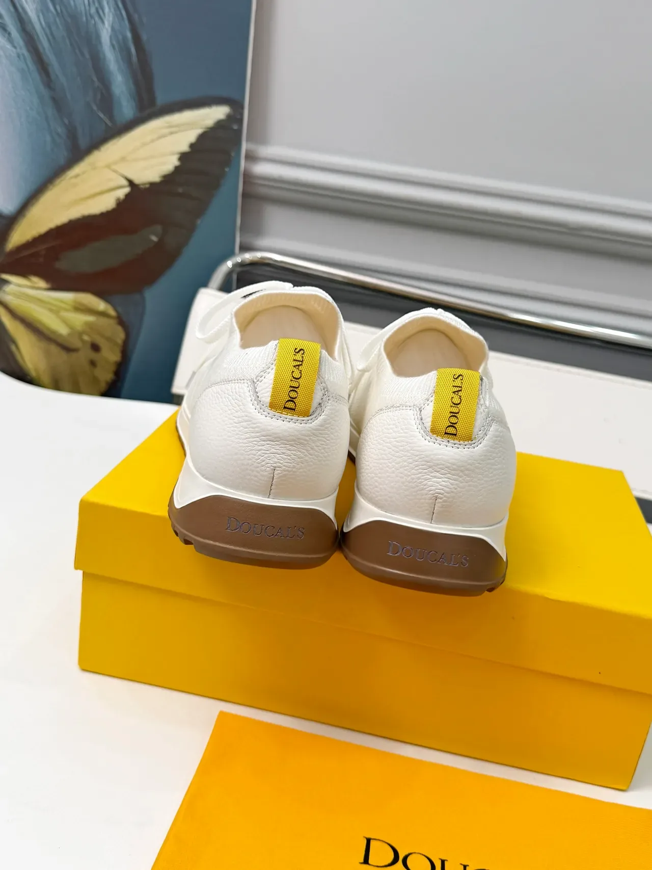 DOUCAL'S White Brown Knit Upper Lace-Up Closure Sneakers 4