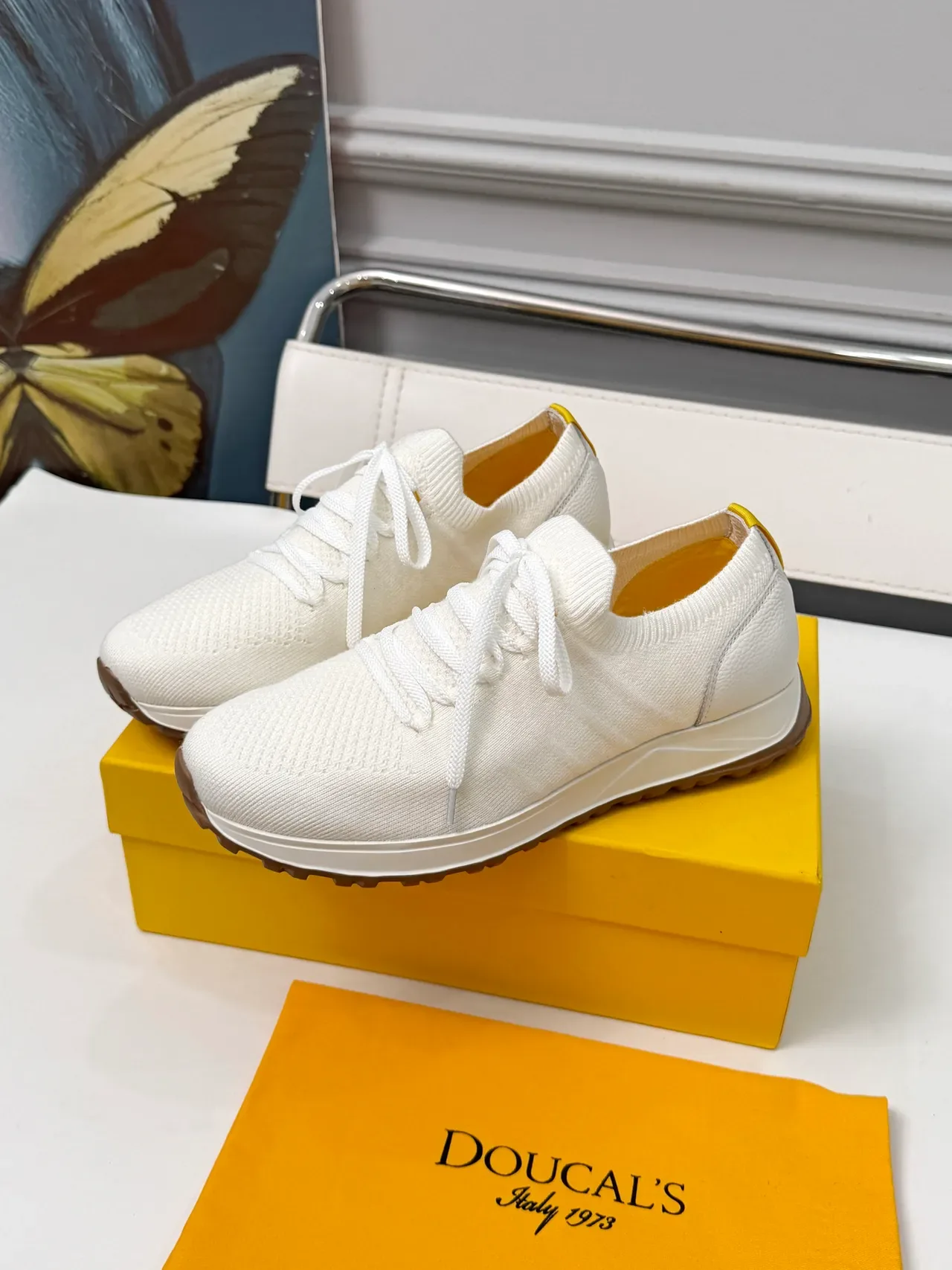 DOUCAL'S White Brown Knit Upper Lace-Up Closure Sneakers 5