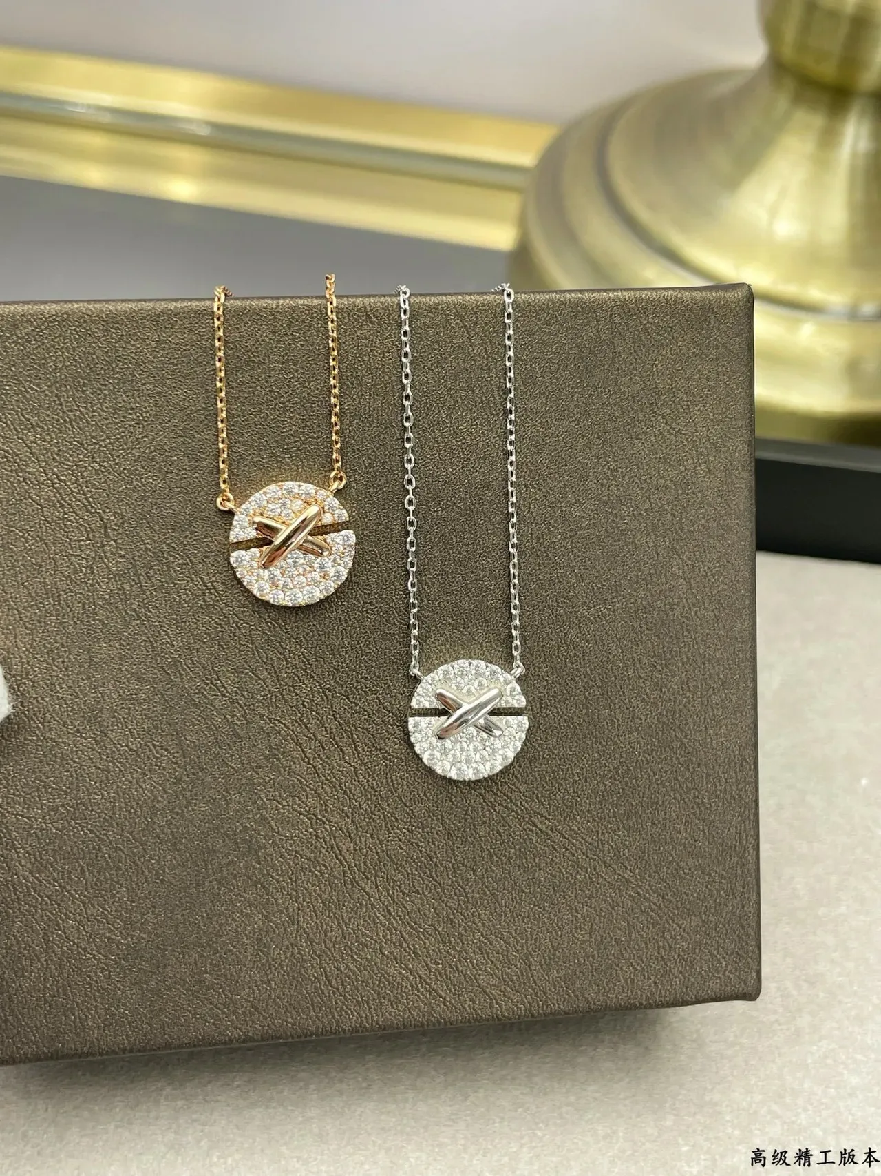 Dual-Tone X-Bar Pavé Circle Pendant Necklaces 3