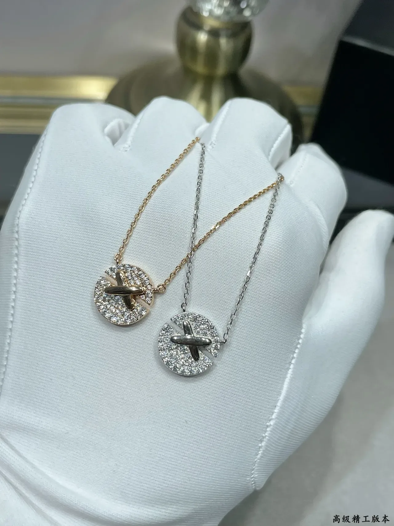 Dual-Tone X-Bar Pavé Circle Pendant Necklaces 4