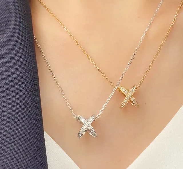 Dual-Tone X-Shaped Pavé Pendant Necklaces 9