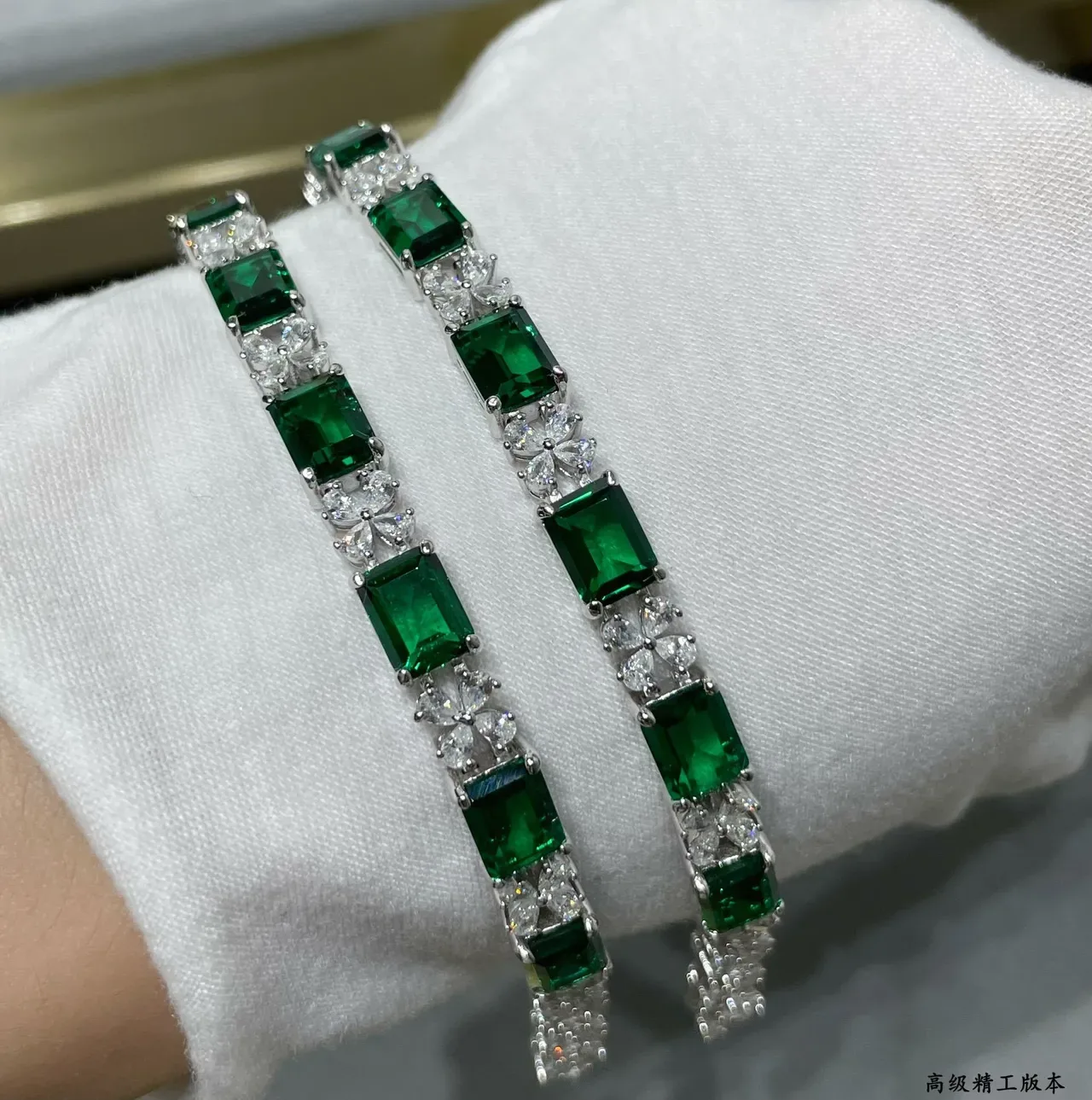 Emerald-Cut Green and Clear Stone Silver-Tone Bracelets 3