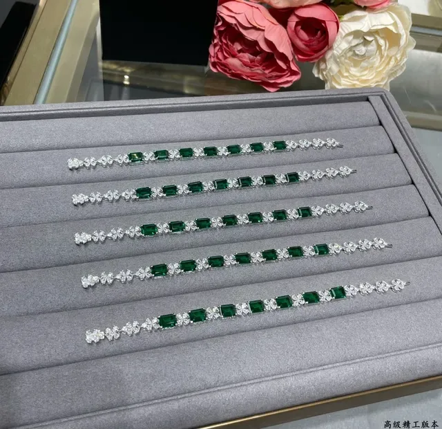 Emerald-Cut Green and Clear Stone Silver-Tone Bracelets 5