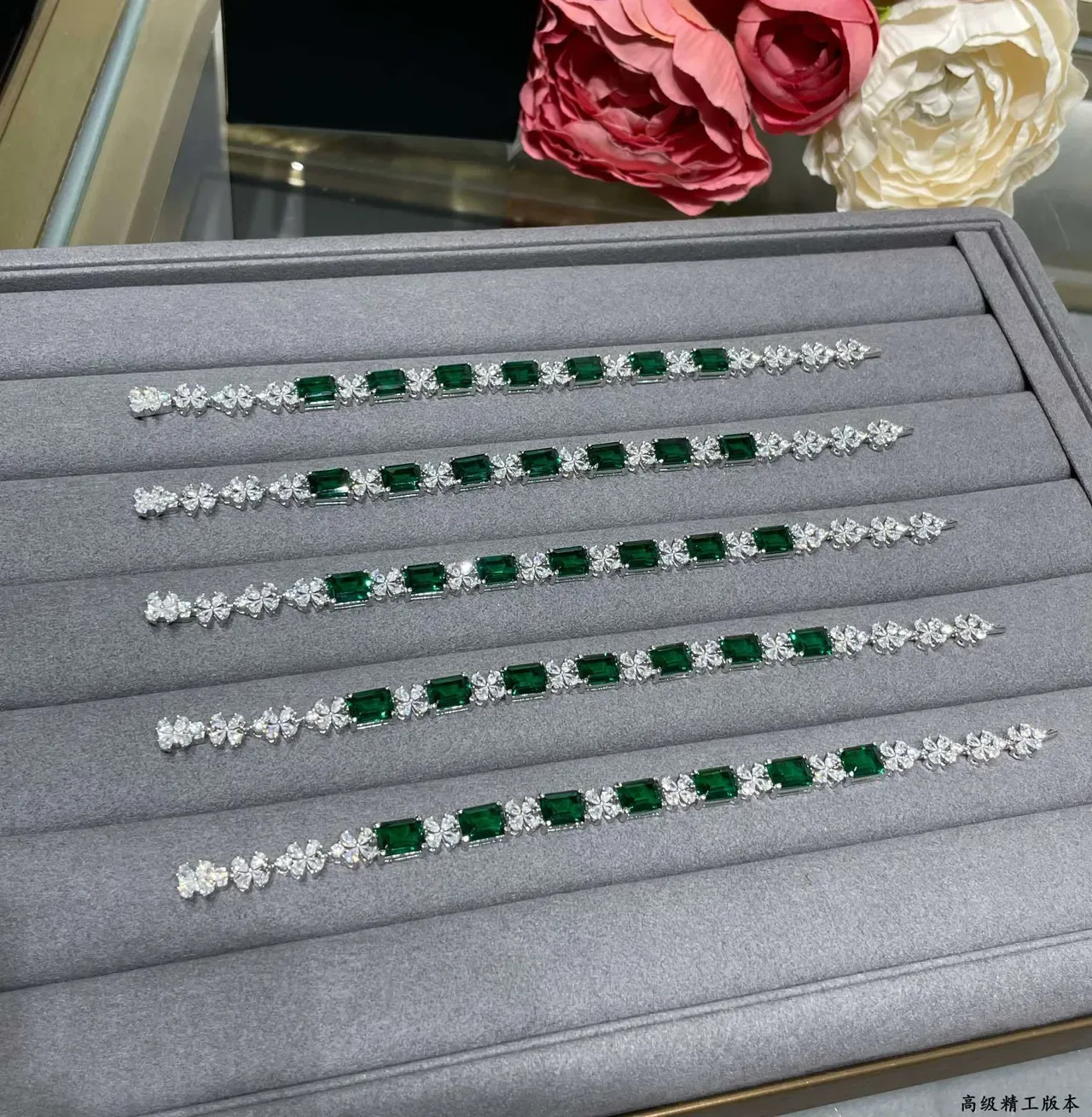 Emerald-Cut Green and Clear Stone Silver-Tone Bracelets 6