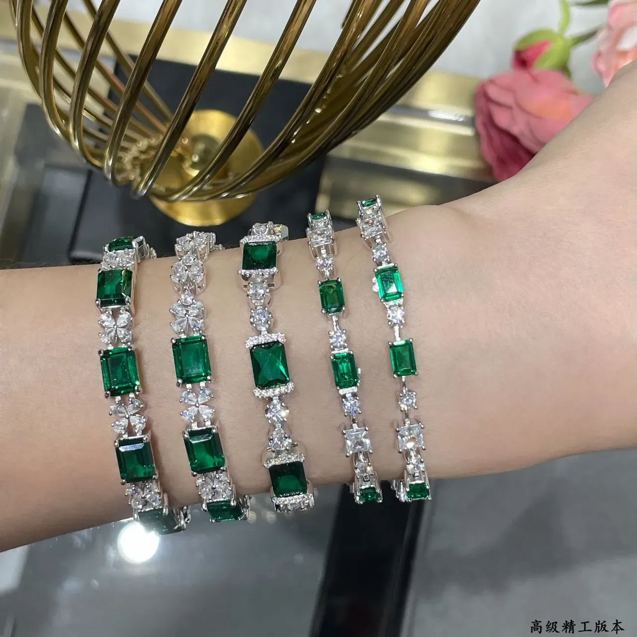 Emerald-Cut Green and Clear Stone Silver-Tone Bracelets 9