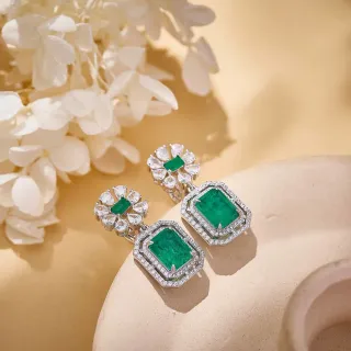 Emerald-Cut Green Gemstone and Diamond Halo Drop Earrings
