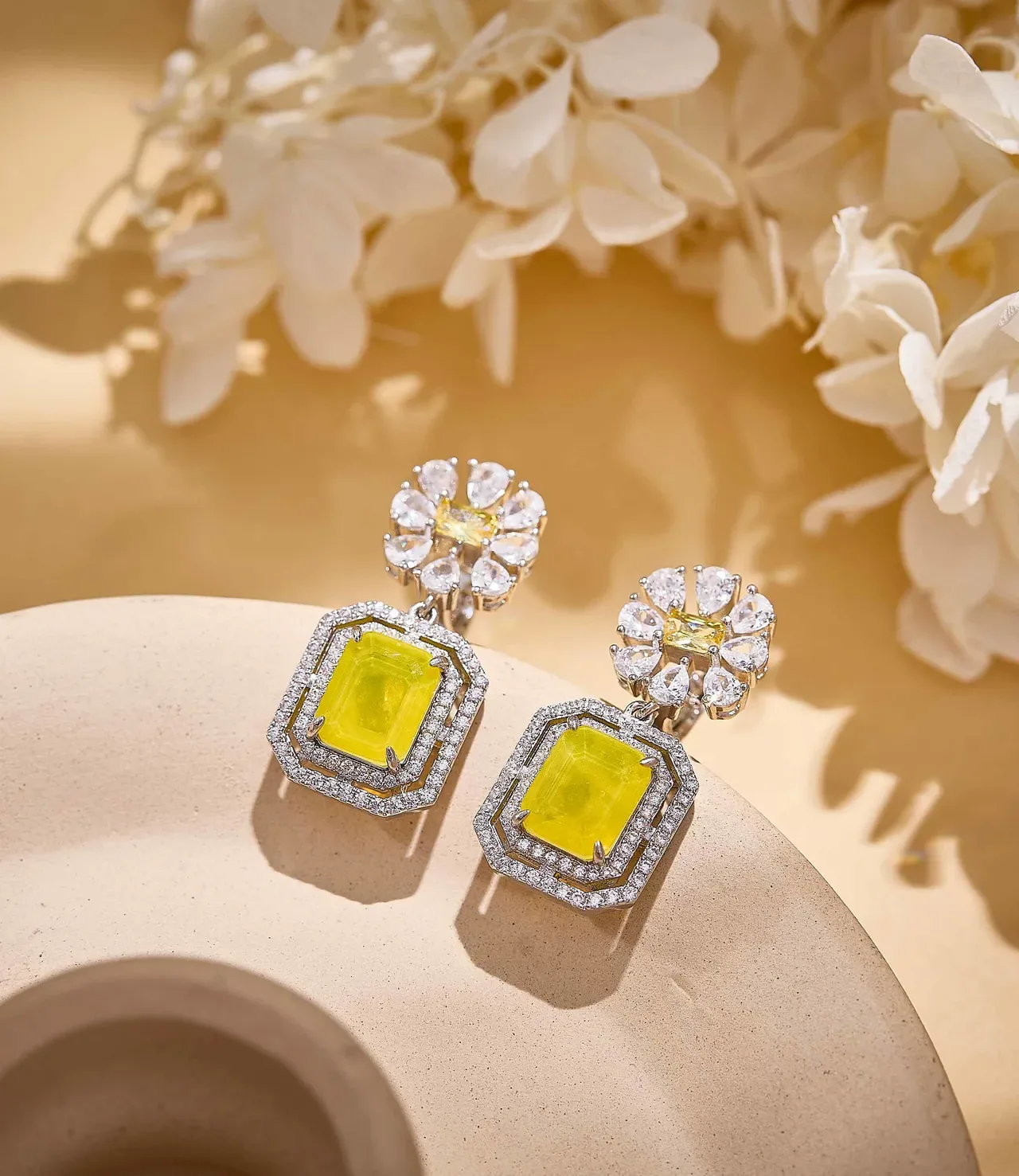 Emerald-Cut Green Gemstone and Diamond Halo Drop Earrings 2