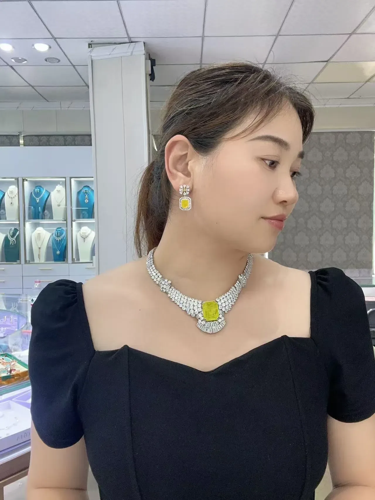 Emerald-Cut Green Gemstone and Diamond Halo Drop Earrings 3