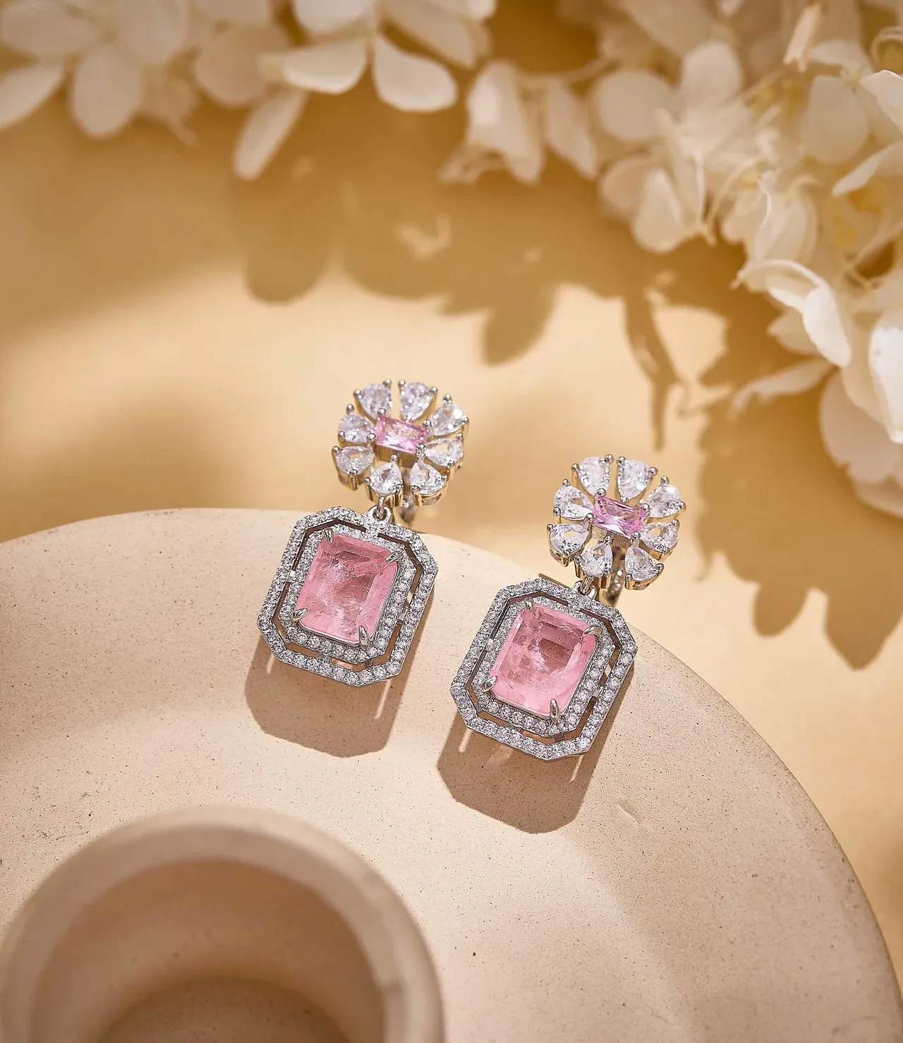 Emerald-Cut Green Gemstone and Diamond Halo Drop Earrings 5