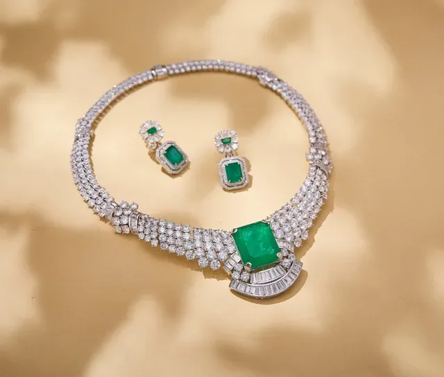 Emerald-Cut Green Gemstone and Diamond Halo Drop Earrings 8