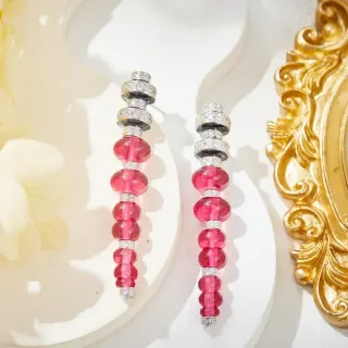 Faceted Pink Bead and Diamond-Set Linear Dangle Earrings