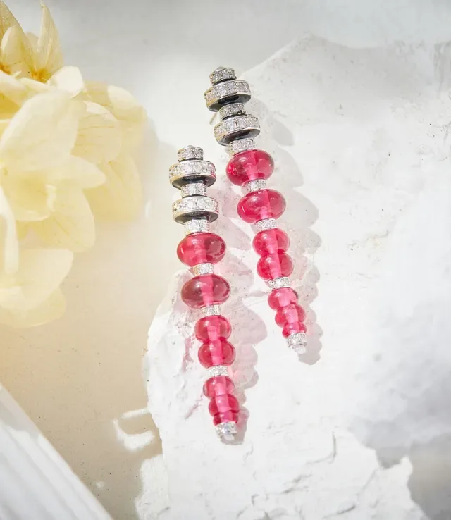 Faceted Pink Bead and Diamond-Set Linear Dangle Earrings 3