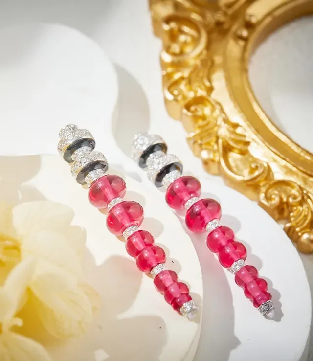Faceted Pink Bead and Diamond-Set Linear Dangle Earrings 4