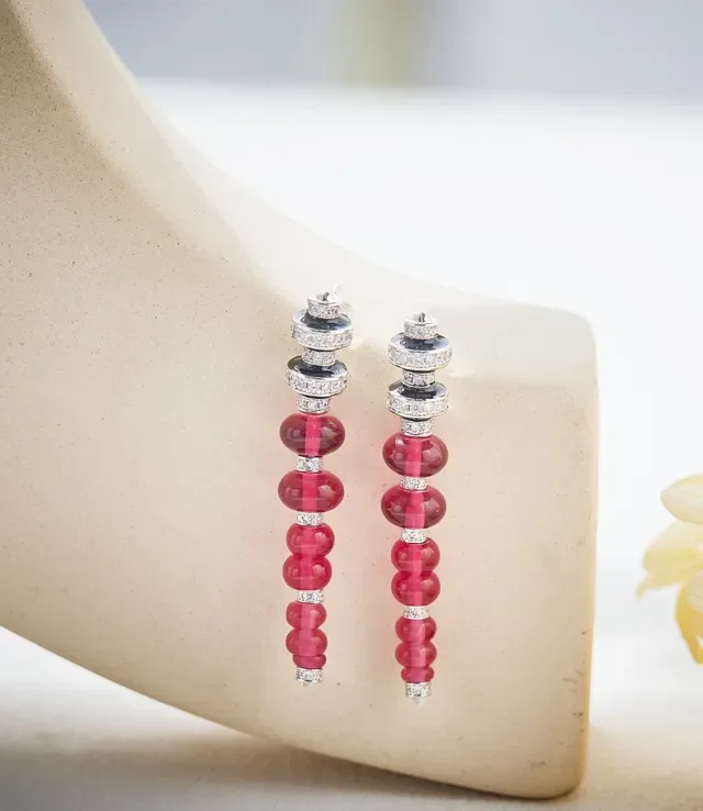 Faceted Pink Bead and Diamond-Set Linear Dangle Earrings 6