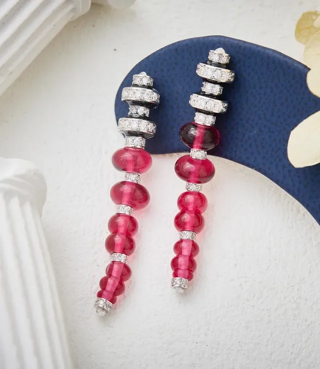 Faceted Pink Bead and Diamond-Set Linear Dangle Earrings 8