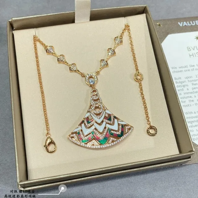 Fan-Shaped Enamel and Pavé Stone Pendant Necklace 3