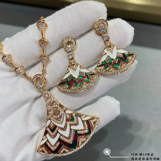 Fan-Shaped Enamel and Pavé Stone Pendant Necklace 6