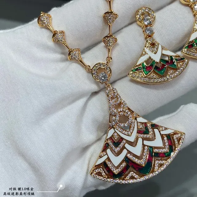 Fan-Shaped Enamel and Pavé Stone Pendant Necklace 7