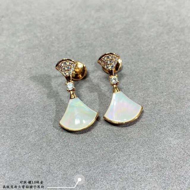 Fan-Shaped Pavé-Top Enamel and Mother-of-Pearl Drop Earrings 2