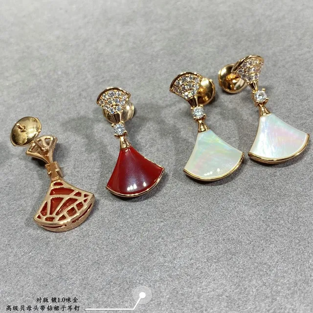 Fan-Shaped Pavé-Top Enamel and Mother-of-Pearl Drop Earrings 4